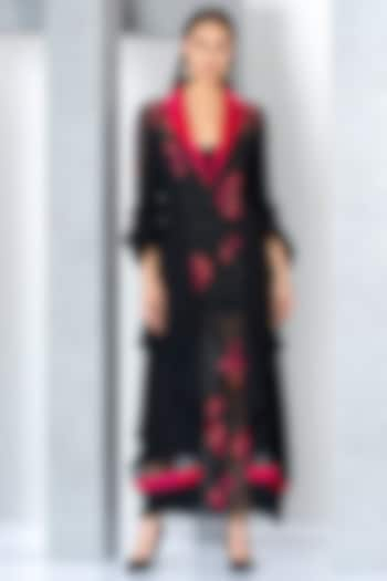 Black & Fuchsia Pink Chiffon Embroidered Kaftan Dress With Inner by Eli Bitton at Pernia's Pop Up Shop