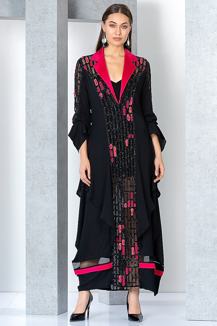 Black & Fuchsia Pink Chiffon Embroidered Kaftan Dress With Inner by Eli Bitton at Pernia's Pop Up Shop