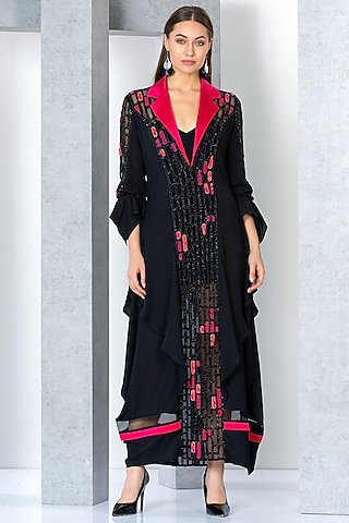 Black & Fuchsia Pink Chiffon Embroidered Kaftan Dress With Inner by Eli Bitton