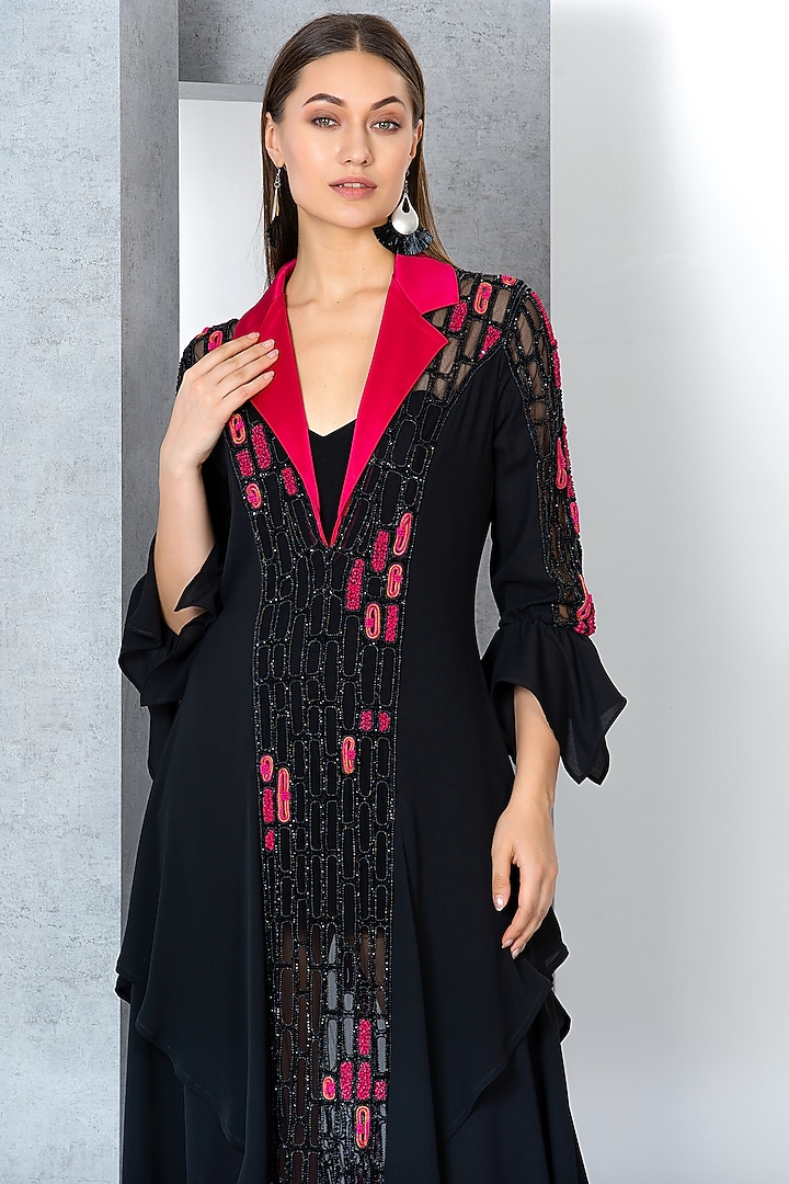 Black & Fuchsia Pink Chiffon Embroidered Kaftan Cocktail Dress With Inner by Eli Bitton at Pernia's Pop Up Shop