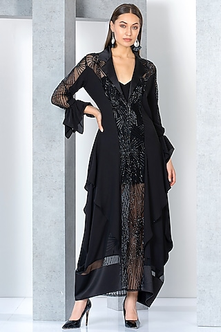 Black Chiffon Embroidered Kaftan Dress With Inner by Eli Bitton