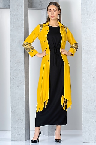 Mustard & Black Poly Crepe Hand Embroidered Jacket Dress by Eli Bitton