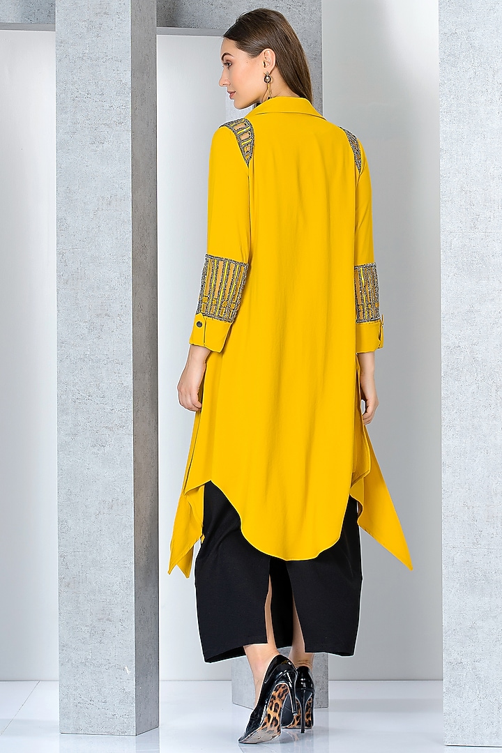Mustard & Black Poly Crepe Hand Embroidered Jacket Vacation Dress by Eli Bitton at Pernia's Pop Up Shop