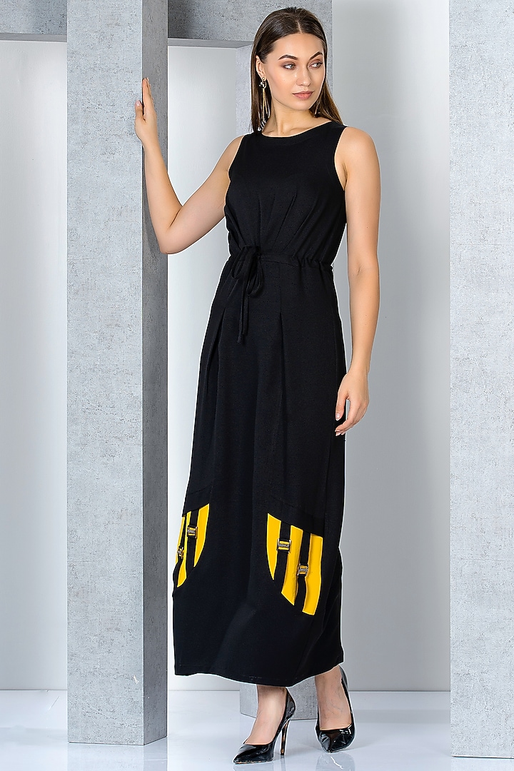 Mustard & Black Poly Crepe Hand Embroidered Jacket Vacation Dress by Eli Bitton at Pernia's Pop Up Shop