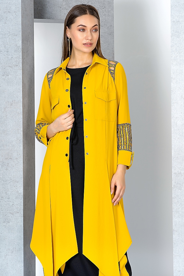 Mustard & Black Poly Crepe Hand Embroidered Jacket Vacation Dress by Eli Bitton at Pernia's Pop Up Shop