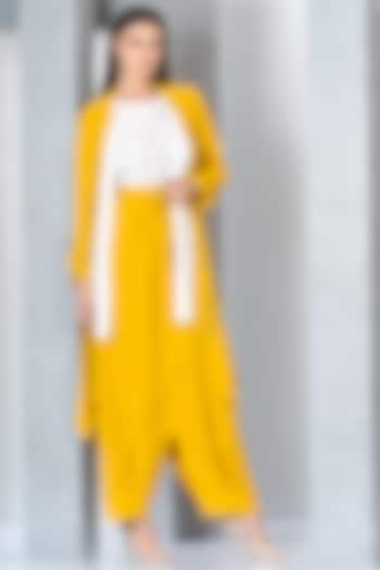 Mustard Poly Crepe & Moss Georgette Hand Embroidered Jumpsuit With Jacket by Eli Bitton
