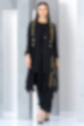 Black Poly Moss & Moss Georgette Hand Embroidered Jumpsuit With Jacket by Eli Bitton
