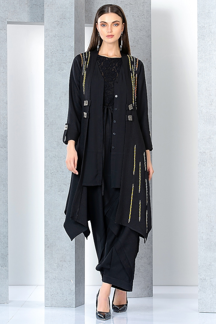 Black Poly Moss & Moss Georgette Hand Embroidered Jumpsuit With Jacket by Eli Bitton