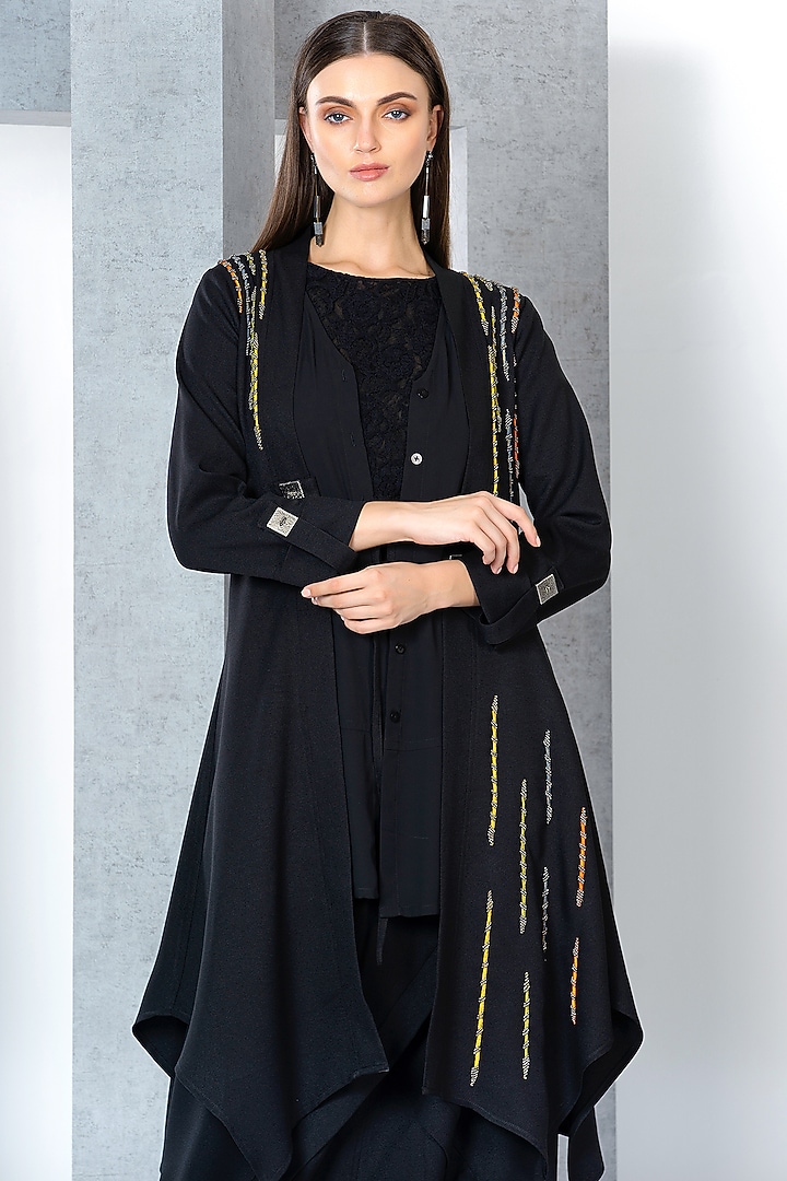 Black Poly Moss & Moss Georgette Hand Embroidered Jumpsuit With Jacket by Eli Bitton at Pernia's Pop Up Shop