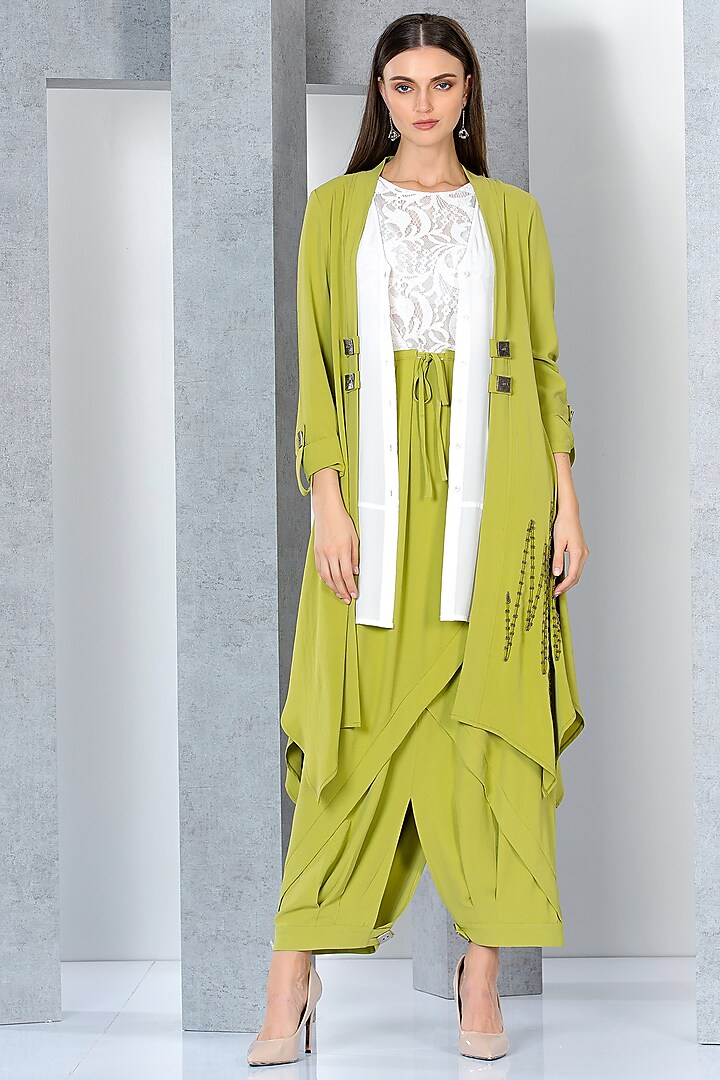Pistachio Green Poly Crepe & Moss Georgette Hand Embroidered Jumpsuit With Jacket by Eli Bitton