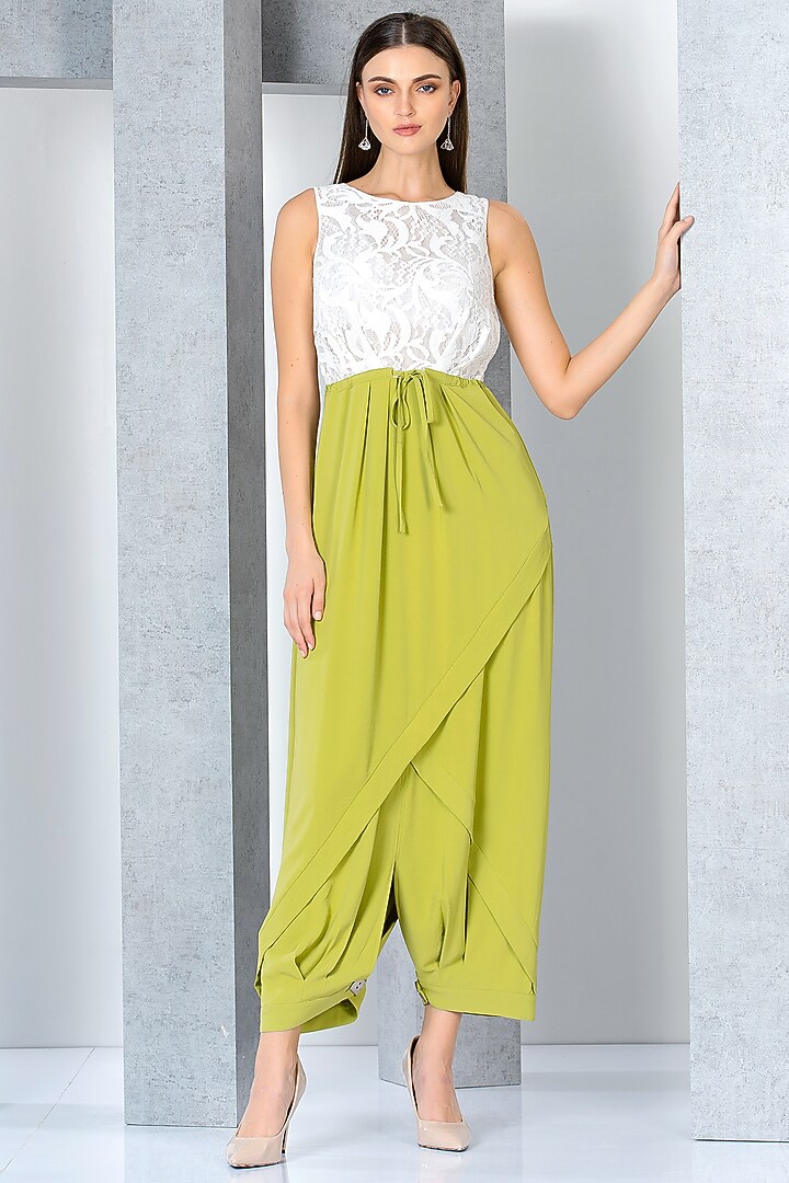 Pistachio Green Poly Crepe & Moss Georgette Hand Embroidered Jumpsuit With Jacket by Eli Bitton at Pernia's Pop Up Shop