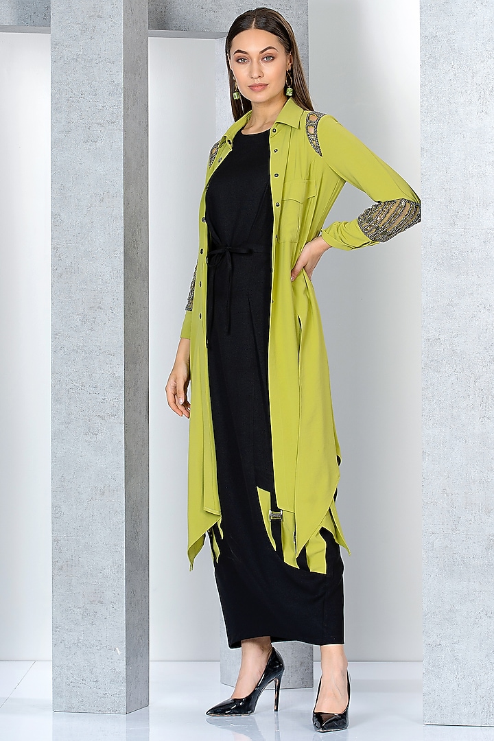 Pistachio Green & Black Poly Crepe Hand Embroidered Jacket Dress by Eli Bitton at Pernia's Pop Up Shop