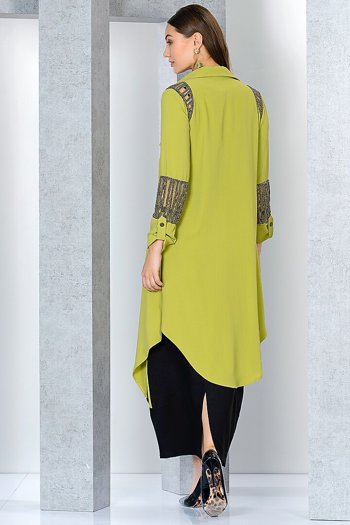 Pistachio Green & Black Poly Crepe Hand Embroidered Jacket Vacation Dress by Eli Bitton at Pernia's Pop Up Shop