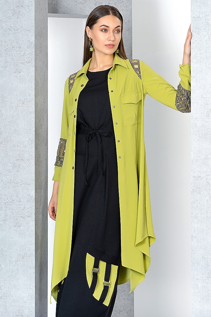 Pistachio Green & Black Poly Crepe Hand Embroidered Jacket Vacation Dress by Eli Bitton at Pernia's Pop Up Shop