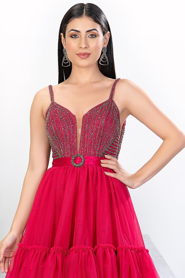 Fuchsia Pink Polyester Net Sequins Embroidered Mini Cocktail Dress by Eli Bitton at Pernia's Pop Up Shop