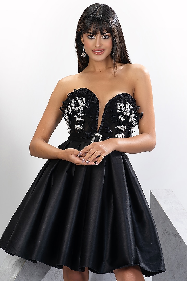 Black Polyester Net Pearl Embroidered Handmade Mini Dress Design by Eli  Bitton at Pernia's Pop Up Shop 2026