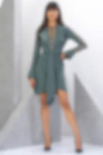 Green Poly Crepe & Satin Bead Embroidered Mini Vacation Dress by Eli Bitton at Pernia's Pop Up Shop