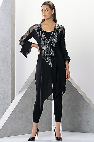 Black Poly Lycra Pant Set by Eli Bitton