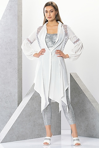 White Poly Lycra Pant Set by Eli Bitton