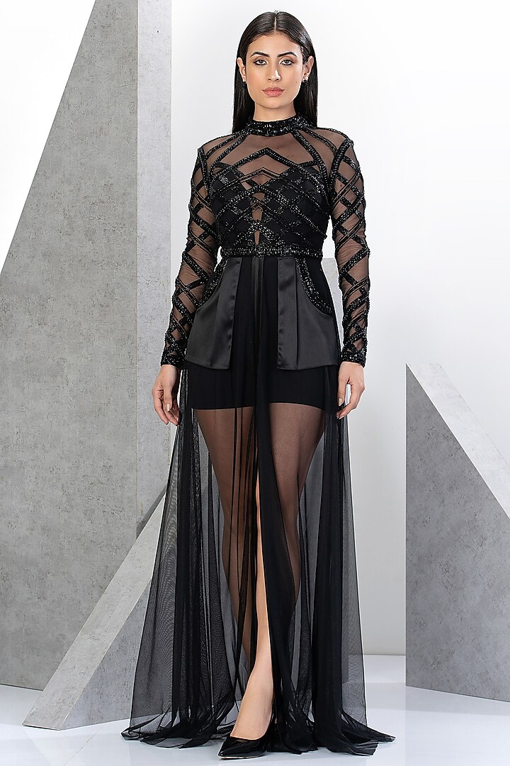 Black Net Embroidered High-Neck Gown With Inner Jumpsuit by Eli Bitton at Pernia's Pop Up Shop