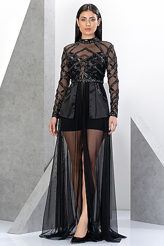Black Net Embroidered High-Neck Gown With Inner Jumpsuit by Eli Bitton