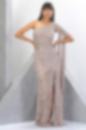 Peach Poly Net Crystal & Sequin Hand Embroidered One-Shoulder Gown by Eli Bitton