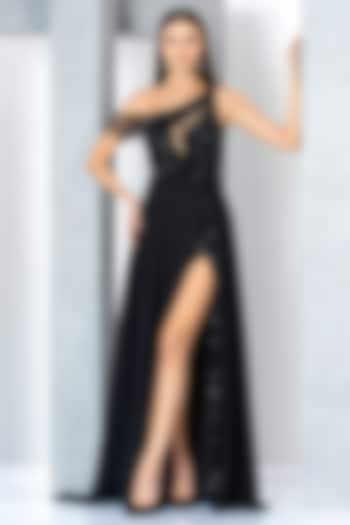 Black Poly Net & Chiffon Hand Embroidered One-Shoulder Gown by Eli Bitton at Pernia's Pop Up Shop