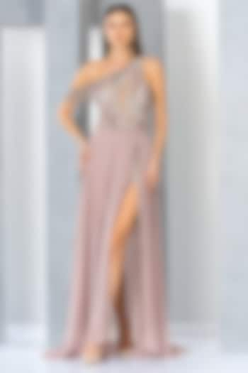 Peach Poly Net & Chiffon Hand Embroidered One-Shoulder Gown by Eli Bitton at Pernia's Pop Up Shop