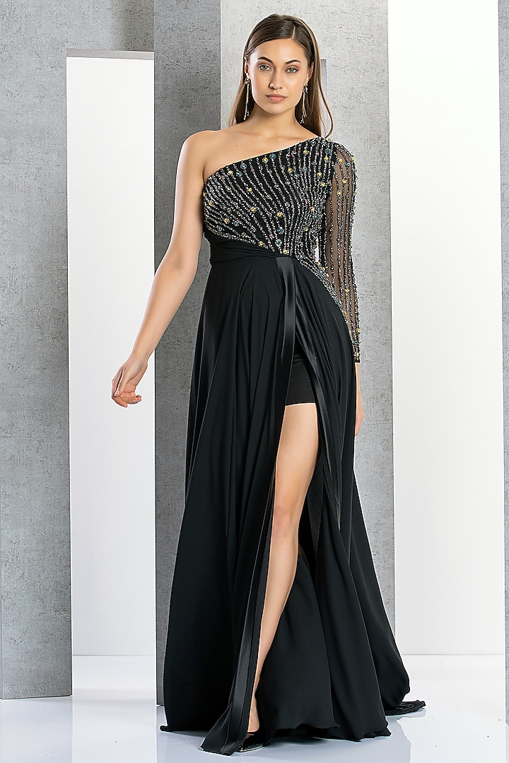 Black Net & Chiffon Crystal Hand Embroidered One-Shoulder Gown by Eli Bitton
