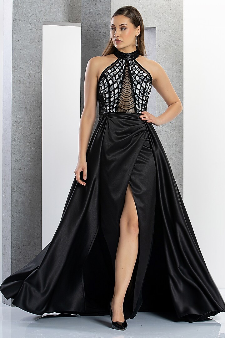 Black Net & Polyester Satin Hand Embroidered Gown by Eli Bitton
