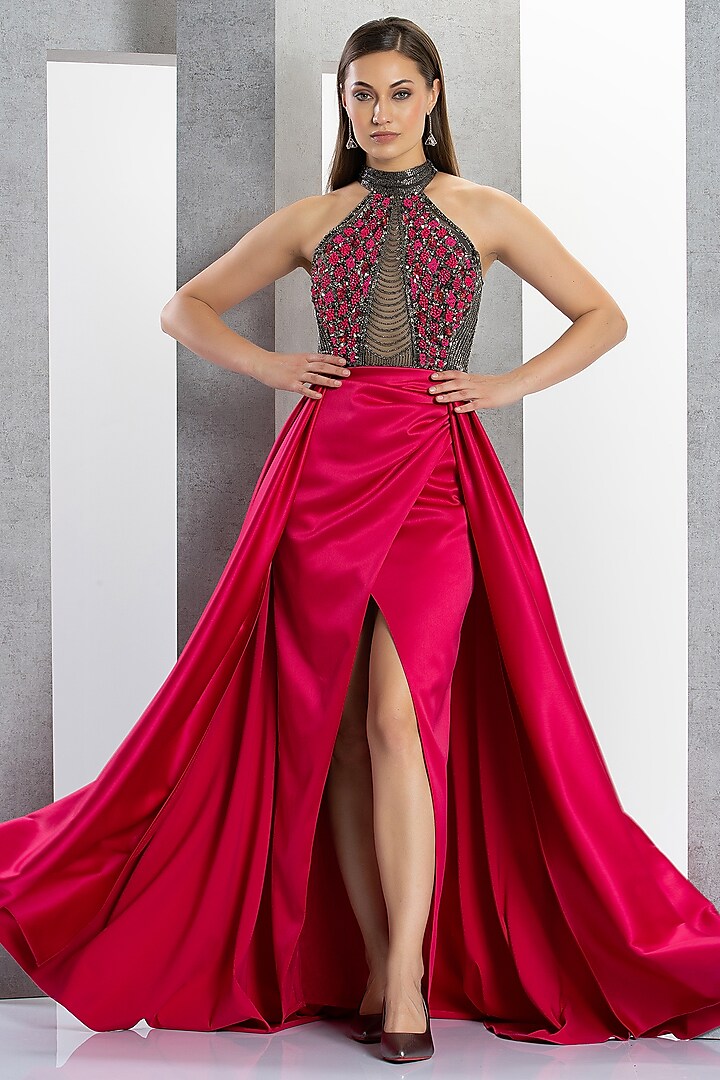Fuchsia Pink Net & Polyester Satin Hand Embroidered Gown by Eli Bitton