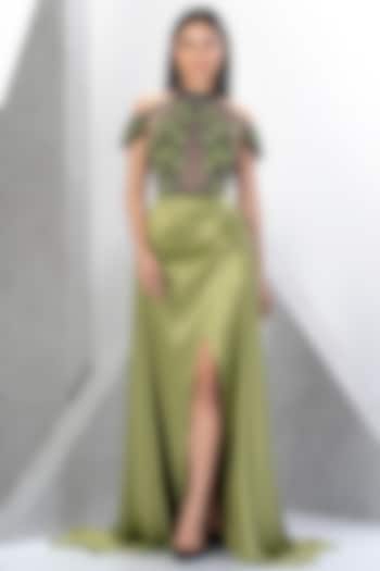 Pistachio Green Net & Polyester Satin Hand Embroidered Gown by Eli Bitton