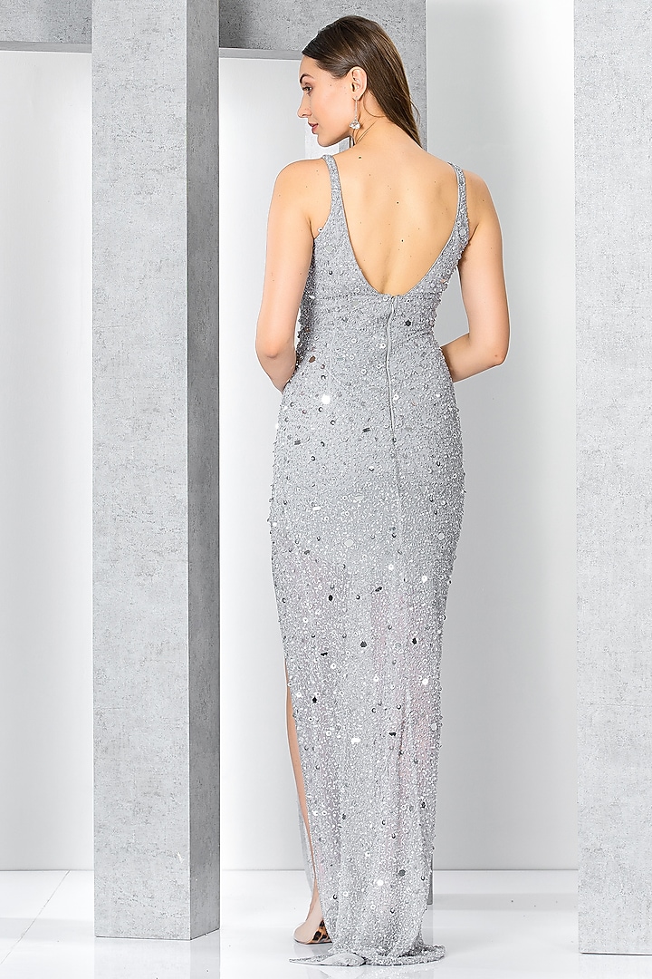 Silver Net Sequins & Crystal Hand Embroidered Engagement Gown by Eli Bitton at Pernia's Pop Up Shop