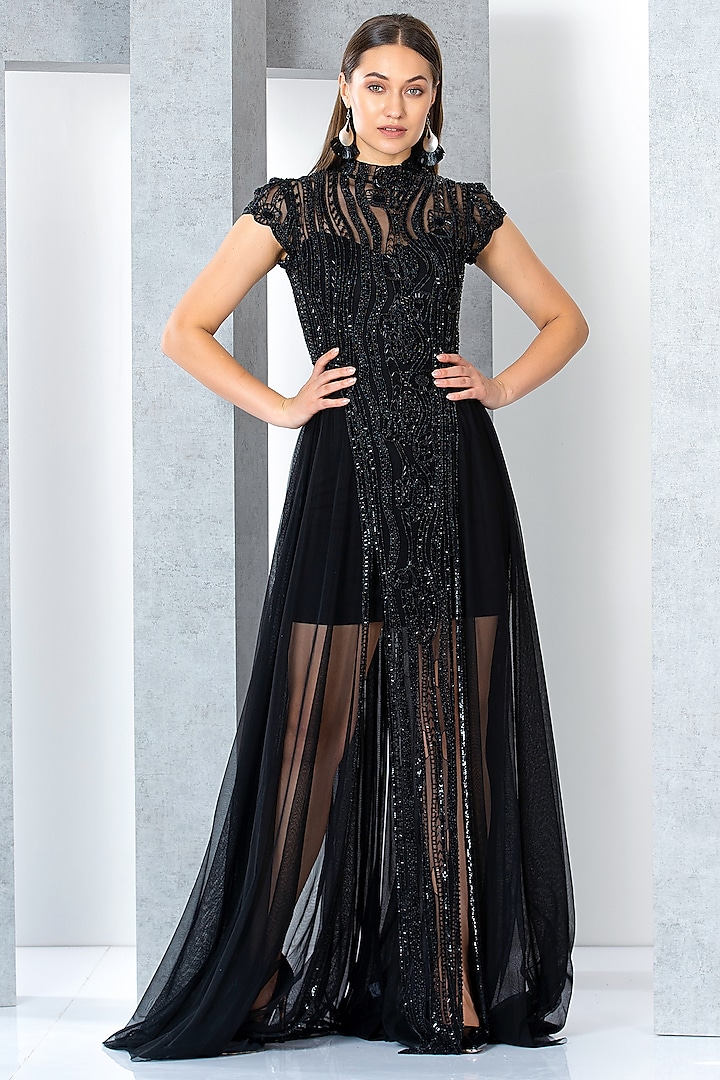 Black Net Bead Hand Embroidered Engagement Gown by Eli Bitton at Pernia's Pop Up Shop