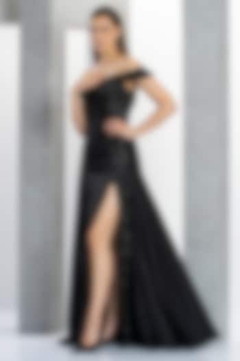 Black Satin Hand Embroidered Off-Shoulder Engagement Gown by Eli Bitton at Pernia's Pop Up Shop