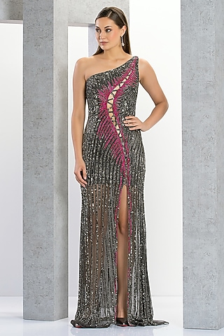 Grey & Fuchsia Pink Net Sequins Embroidered One-Shoulder Gown by Eli Bitton