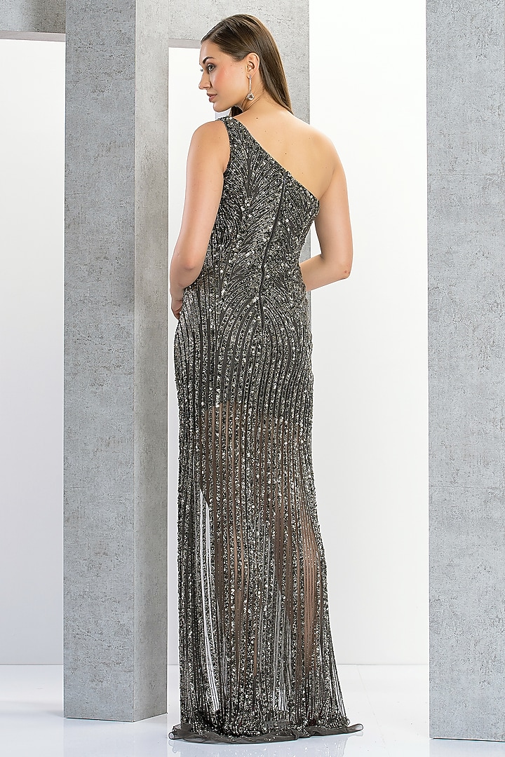 Grey & Fuchsia Pink Net Sequins Embroidered One-Shoulder Engagement Gown by Eli Bitton at Pernia's Pop Up Shop