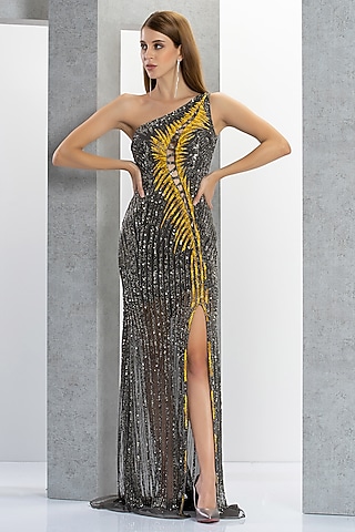 Grey & Mustard Net Sequins Embroidered One-Shoulder Gown by Eli Bitton