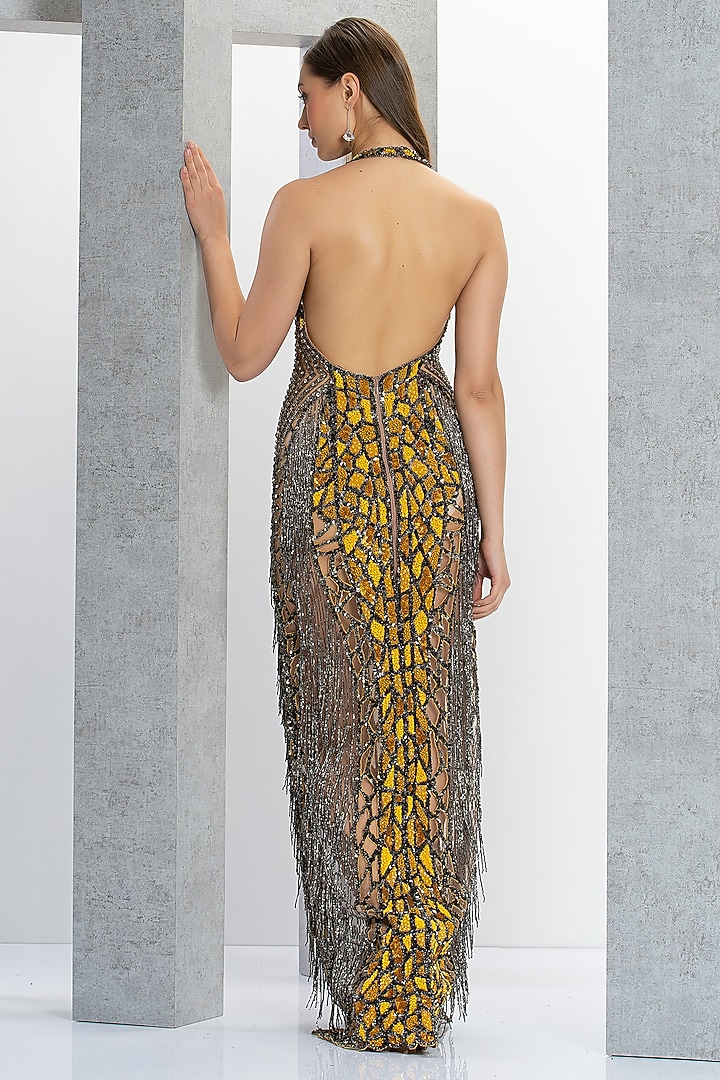 Mustard Net Sequins Embroidered Wedding Gown by Eli Bitton at Pernia's Pop Up Shop