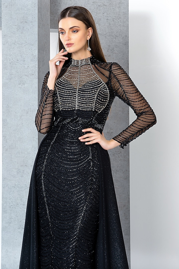 Black Poly Lurex & Lurex Tulle Crystal Embroidered Engagement Gown by Eli Bitton at Pernia's Pop Up Shop