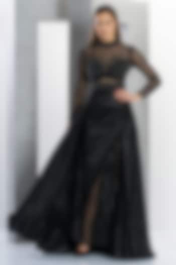 Black Poly Lurex & Poly Net Pearl Embellished Gown by Eli Bitton at Pernia's Pop Up Shop