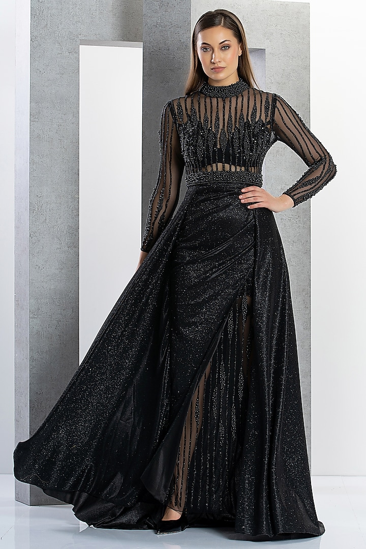 Black Poly Lurex & Poly Net Pearl Embellished Gown by Eli Bitton at Pernia's Pop Up Shop