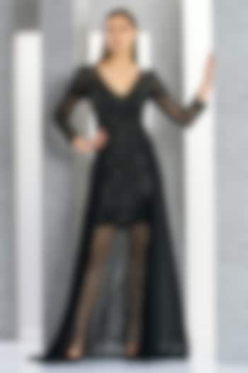 Black Net & Chiffon Sequins Embroidered Gown by Eli Bitton at Pernia's Pop Up Shop