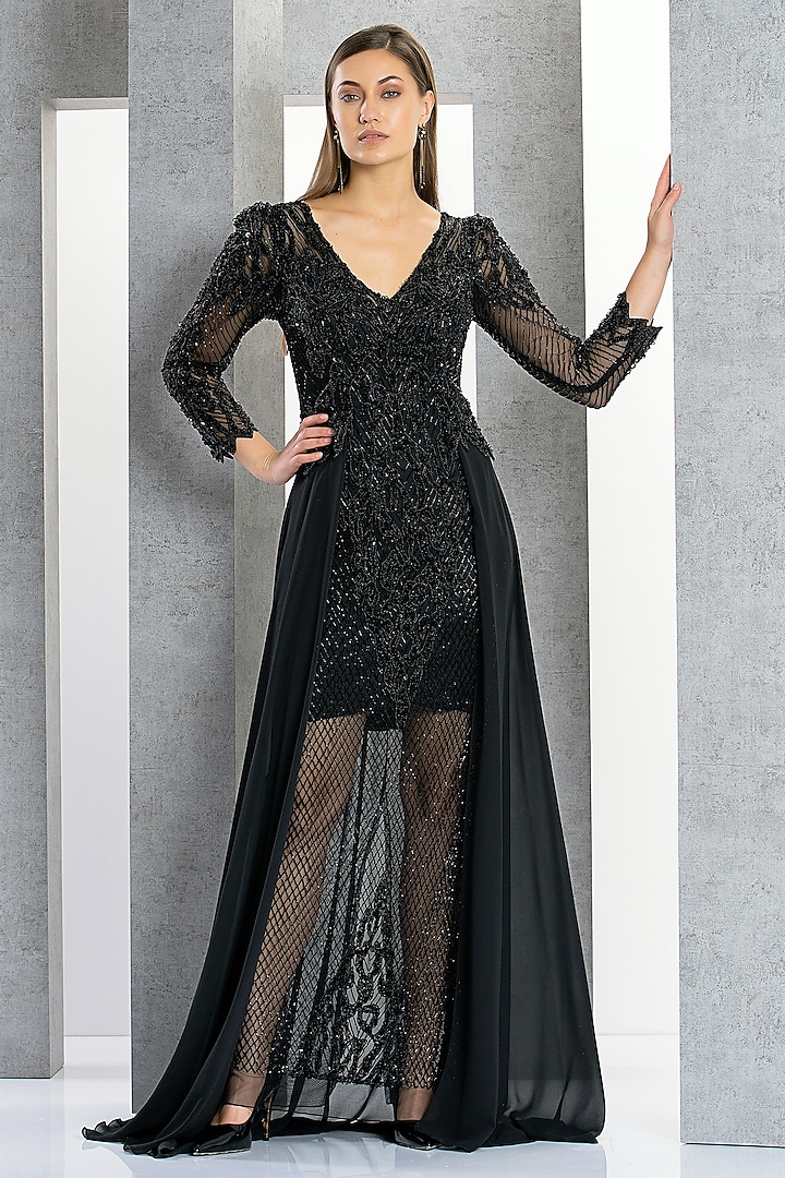 Black Net & Chiffon Sequins Embroidered Gown by Eli Bitton at Pernia's Pop Up Shop