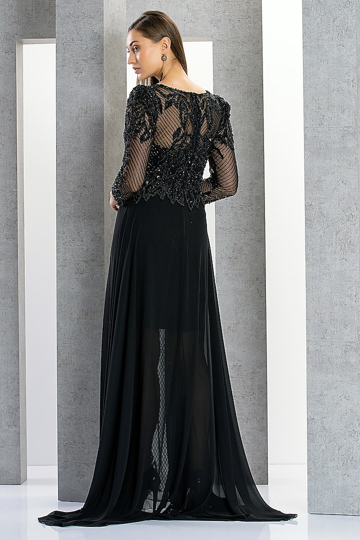 Black Net & Chiffon Sequins Embroidered Engagement Gown by Eli Bitton at Pernia's Pop Up Shop