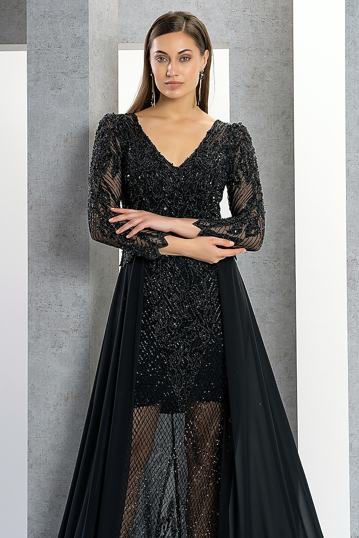 Black Net & Chiffon Sequins Embroidered Engagement Gown by Eli Bitton at Pernia's Pop Up Shop