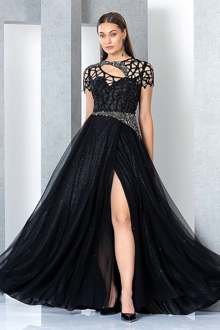 Black Net Sequins Embroidered Gown by Eli Bitton