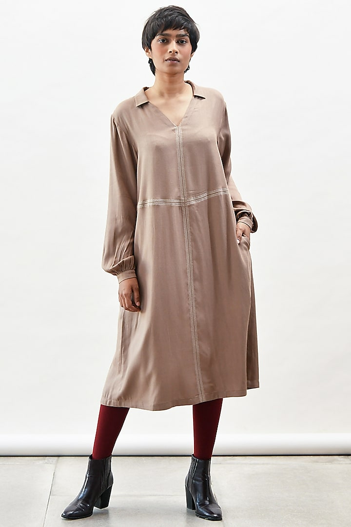 Mocha Dress With Stitch Detailing by Kanelle