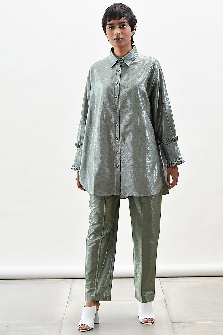 Green Frilled Shirt With Pants by Kanelle