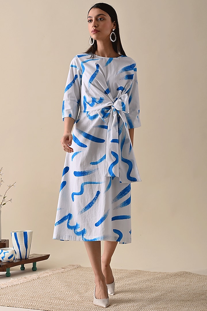 White & Blue Organic Cotton Printed Dress by Kanelle